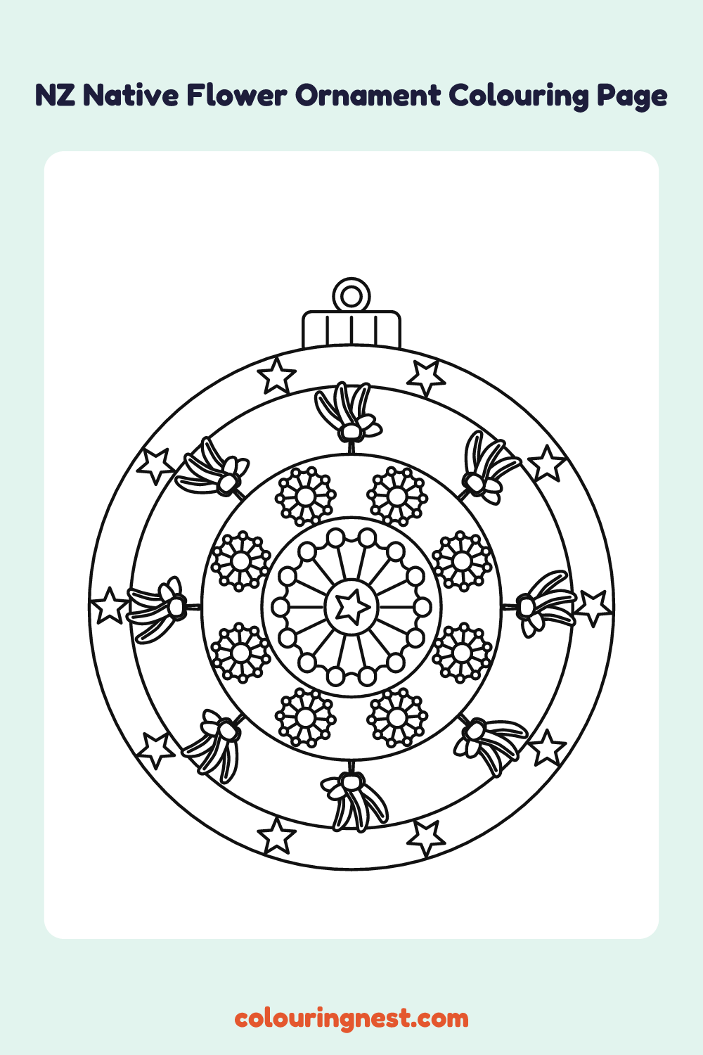 Kōwhai and Pōhutukawa Ornament (Easy) coloring page: free printable black-and-white line art