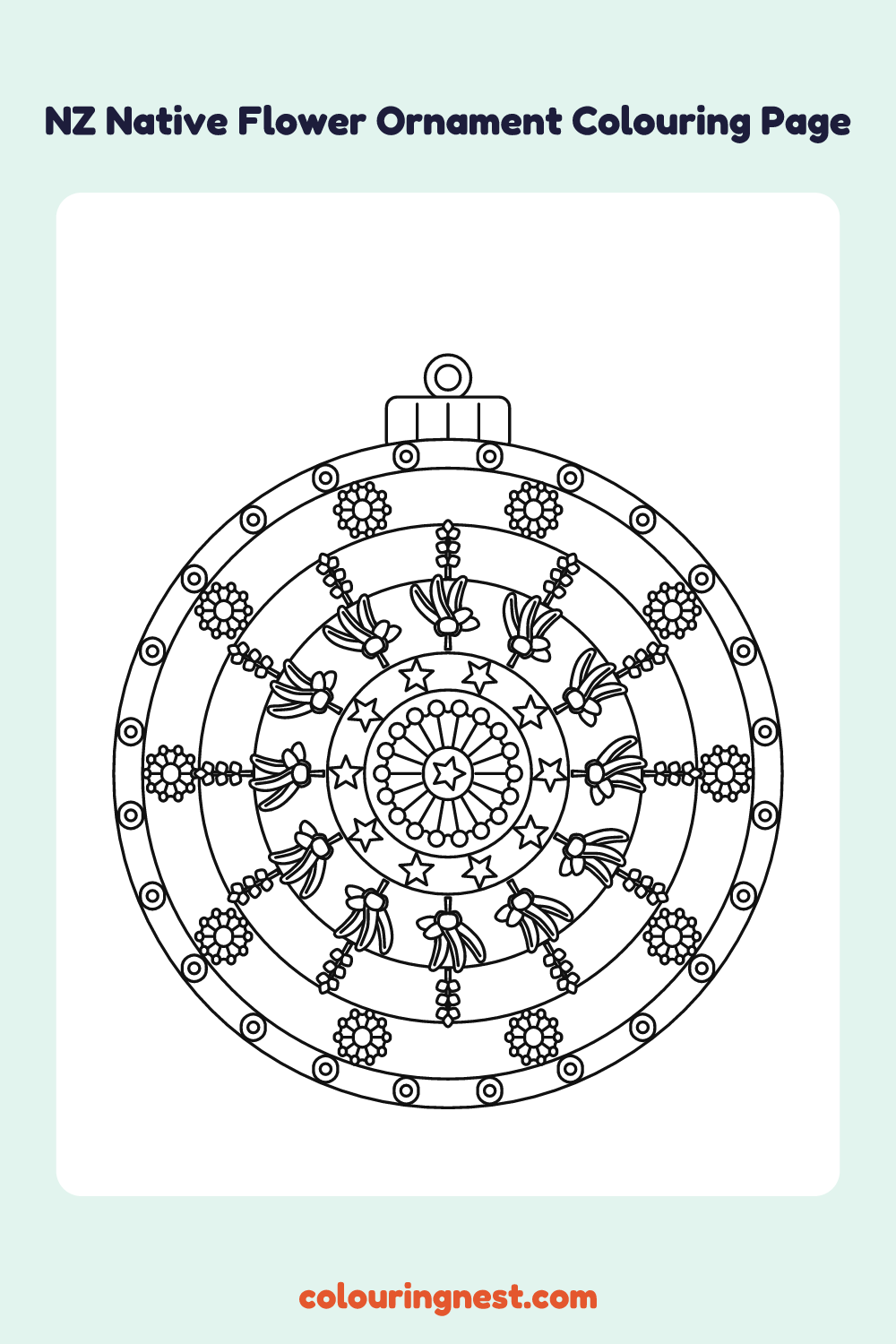 Kōwhai and Pōhutukawa Ornament (Medium) coloring page: free printable black-and-white line art