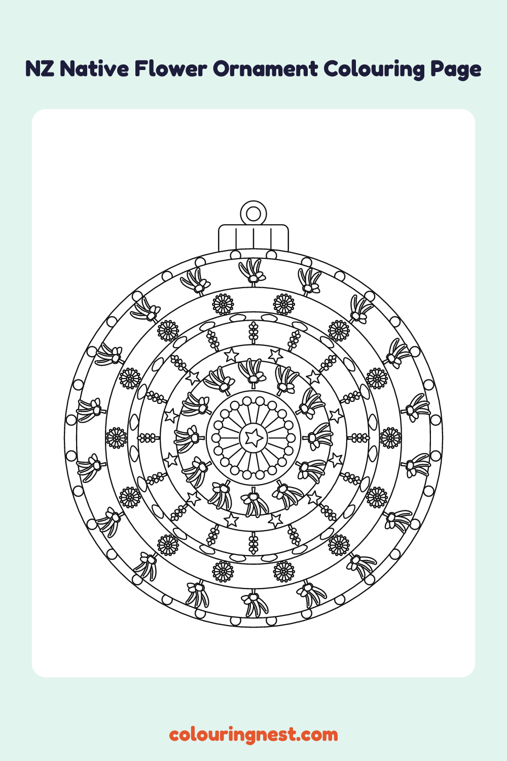 Kōwhai and Pōhutukawa Ornament (Hard) coloring page: free printable black-and-white line art