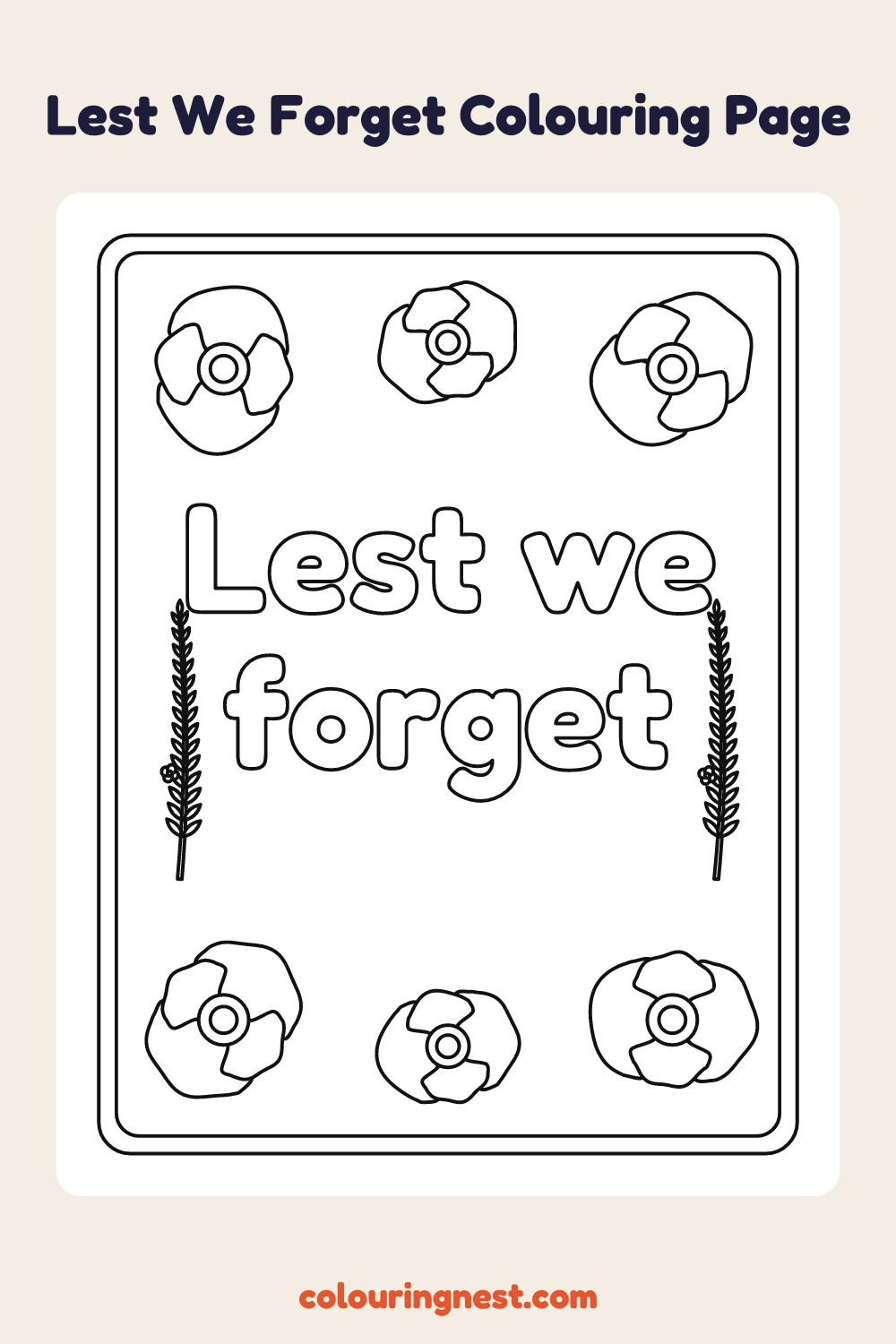Lest We Forget Colouring Page coloring page: free printable black-and-white line art