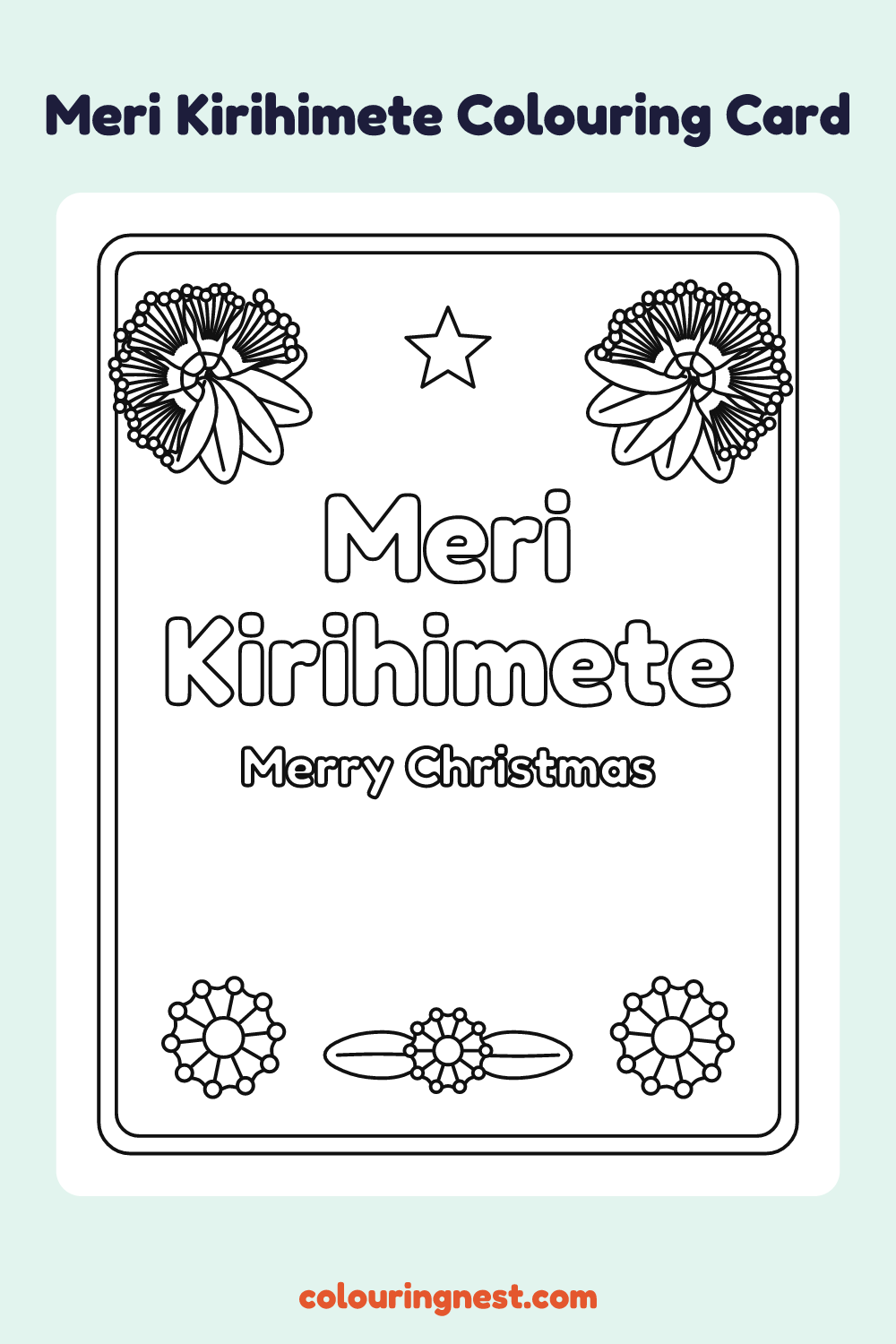 Meri Kirihimete Colouring Card #1 coloring page: free printable black-and-white line art