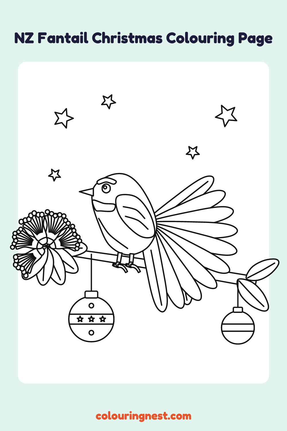 Pīwakawaka (Fantail) Christmas Colouring Page coloring page: free printable black-and-white line art