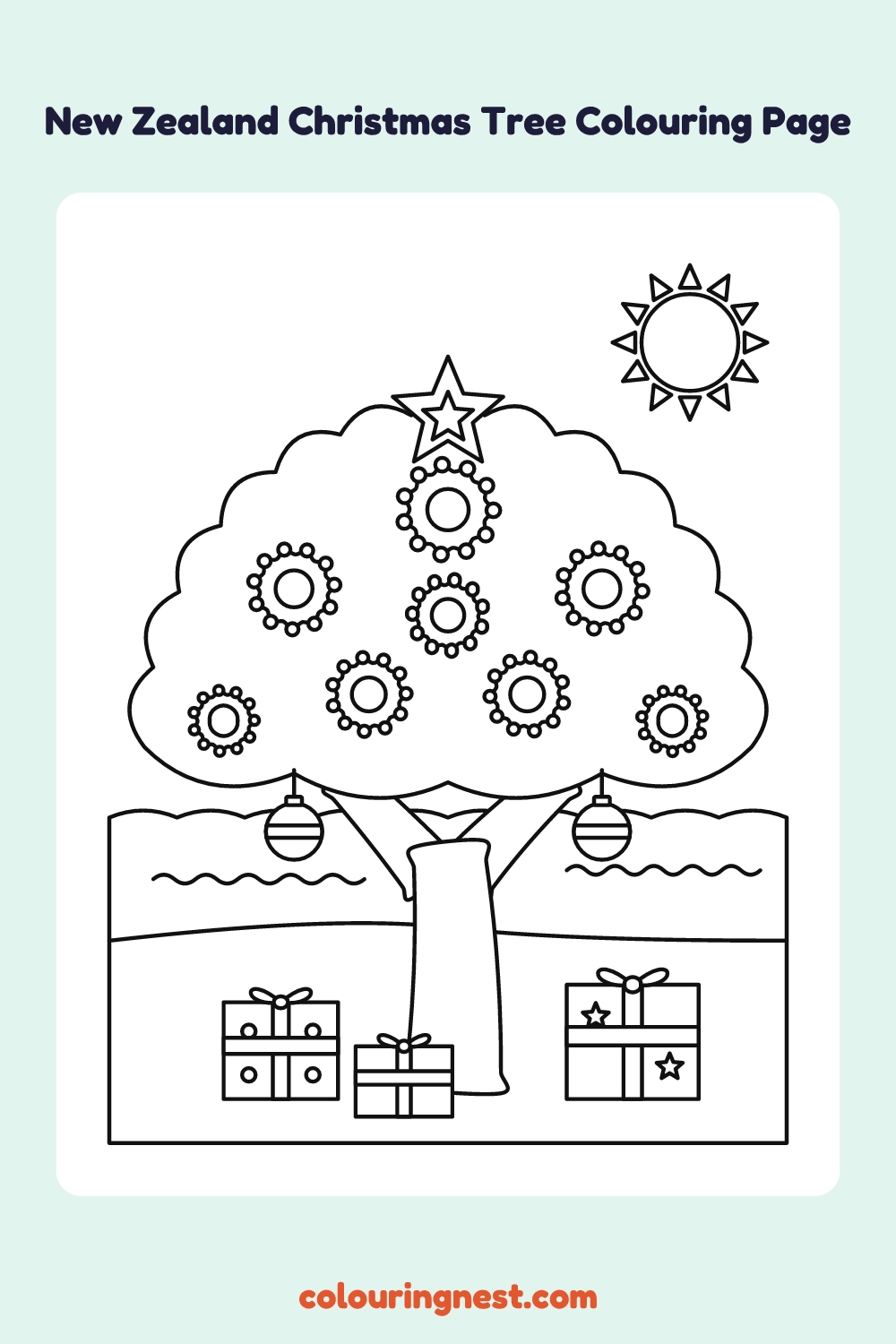 Pōhutukawa Christmas Tree Colouring Page coloring page: free printable black-and-white line art