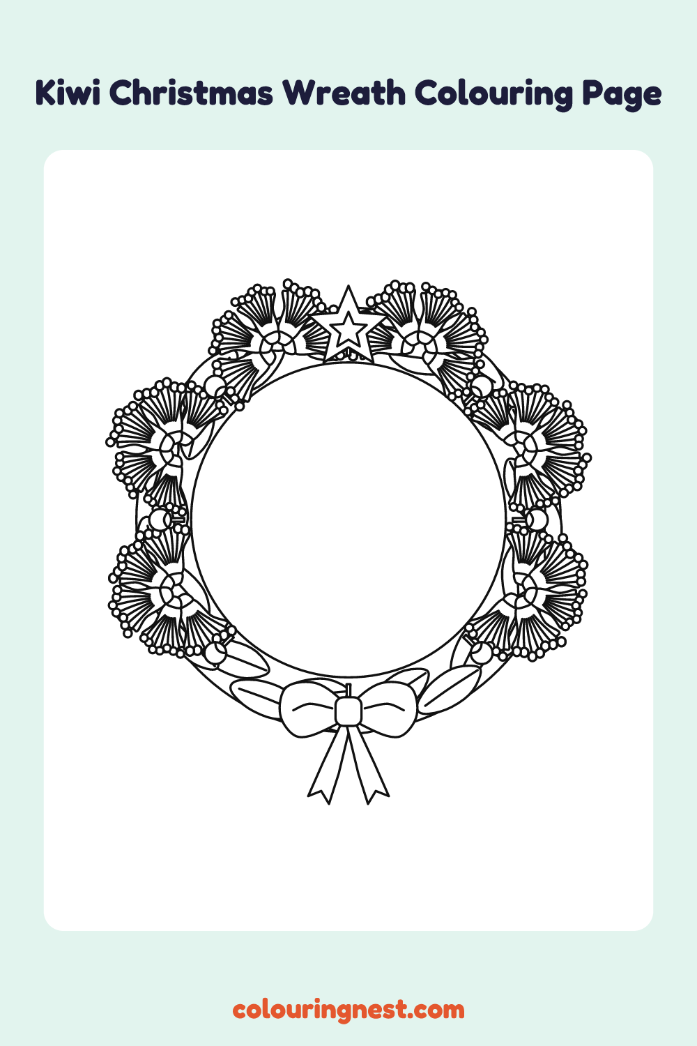 Pōhutukawa Christmas Wreath (Medium) coloring page: free printable black-and-white line art