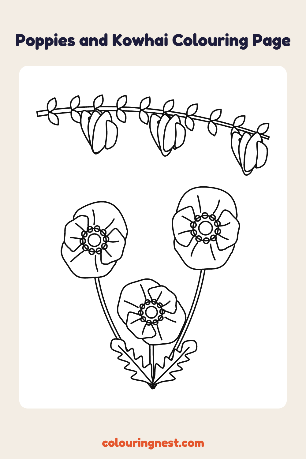 Poppies and Kōwhai Colouring Page coloring page: free printable black-and-white line art