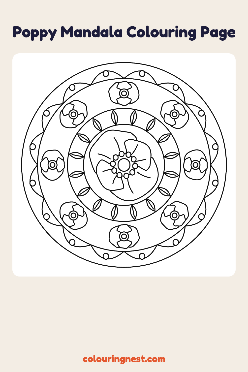 Easy Poppy Mandala coloring page: free printable black-and-white line art
