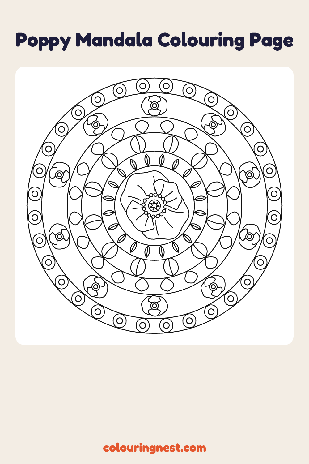 Medium Poppy Mandala coloring page: free printable black-and-white line art
