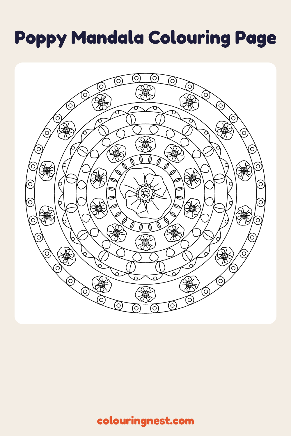 Hard Poppy Mandala coloring page: free printable black-and-white line art