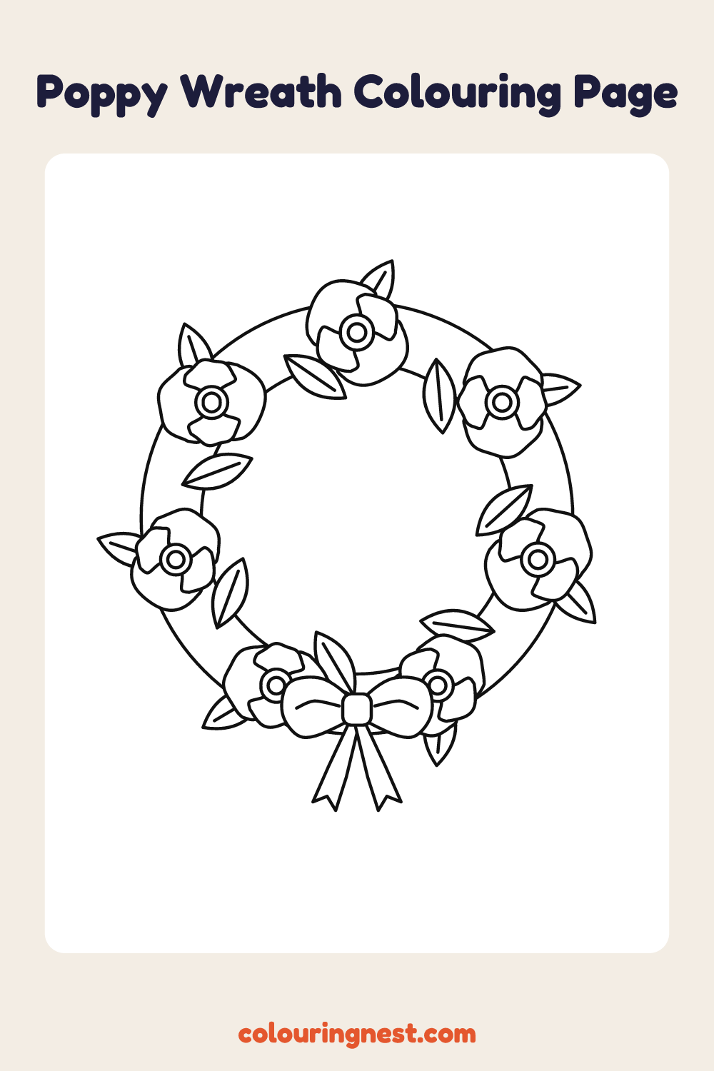 Poppy Wreath Colouring Page (Easy) coloring page: free printable black-and-white line art