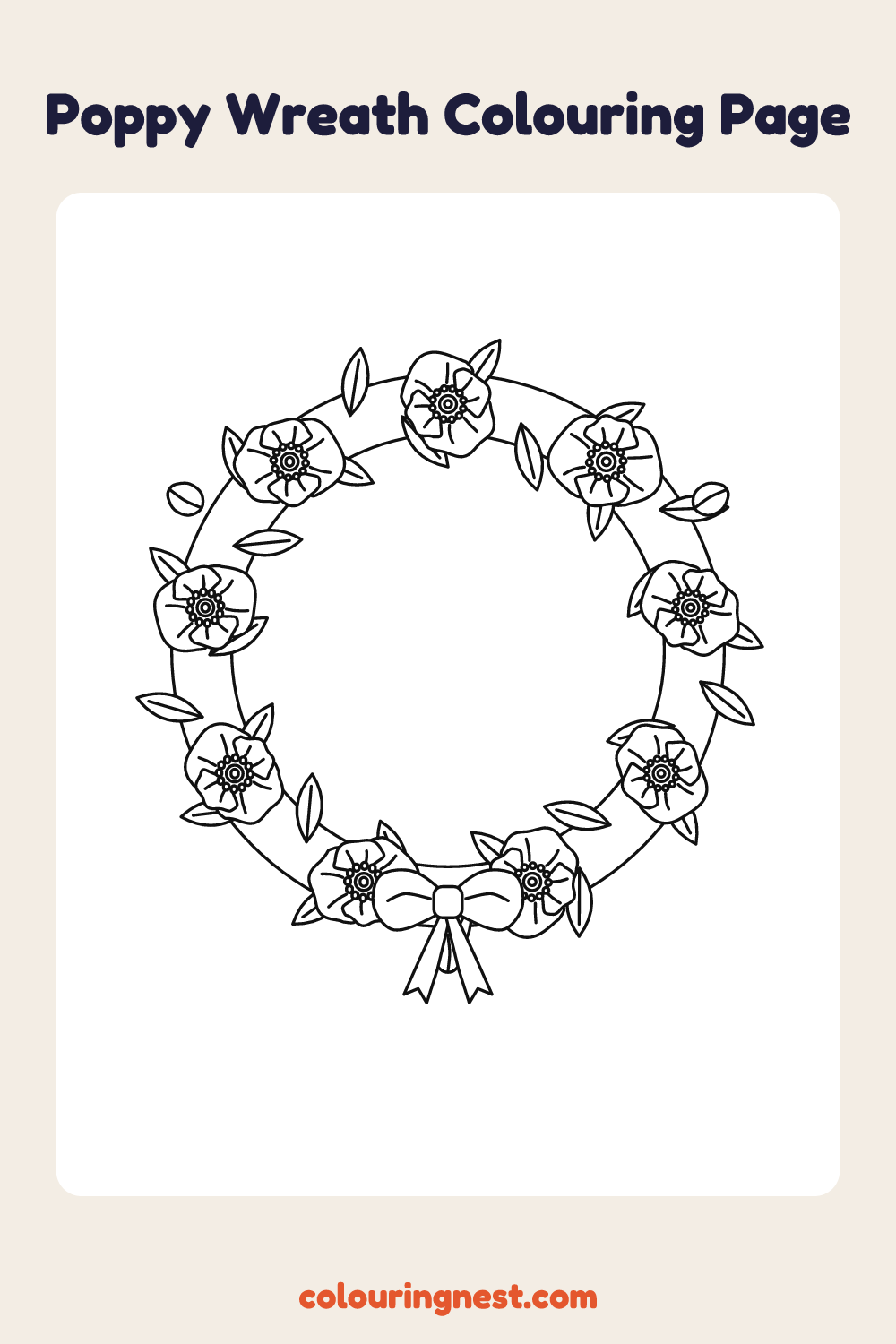 Poppy Wreath Colouring Page (Medium) coloring page: free printable black-and-white line art