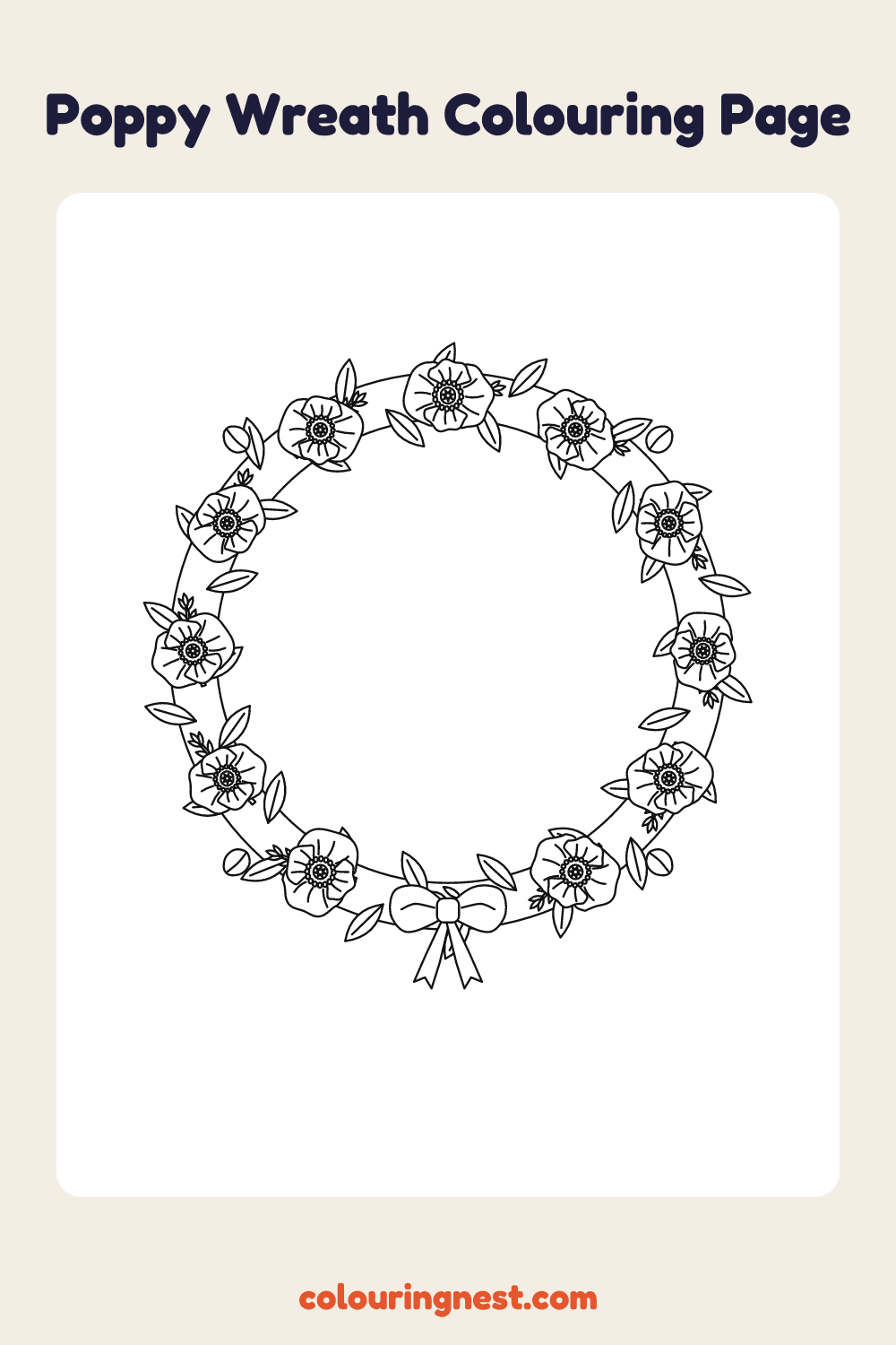 Poppy Wreath Colouring Page (Hard) coloring page: free printable black-and-white line art