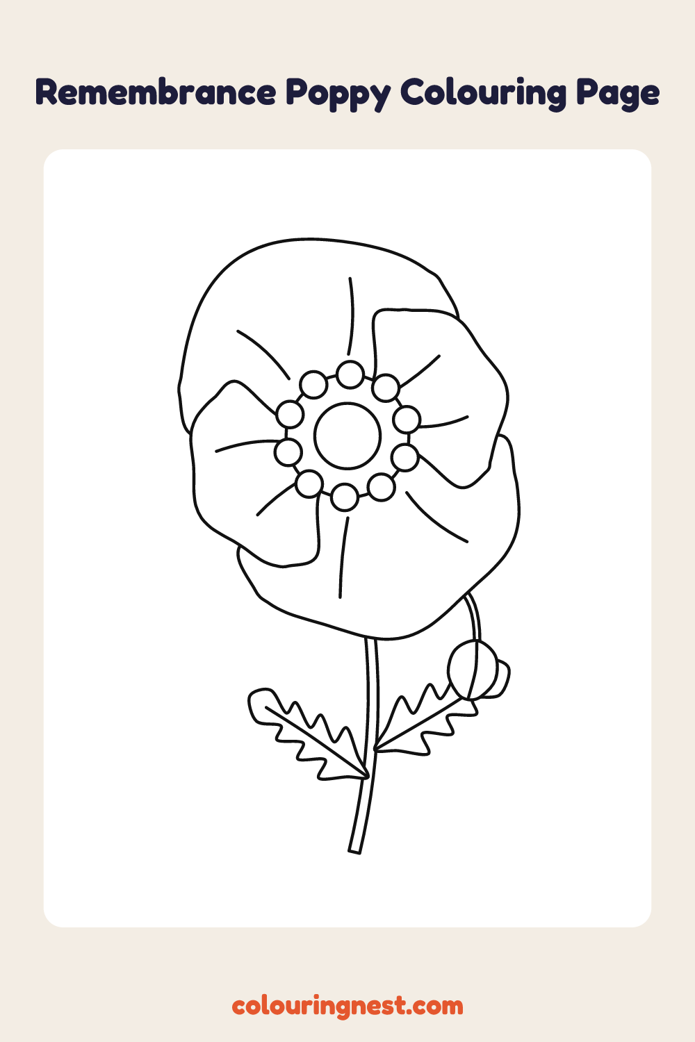 Remembrance Poppy Colouring Page (Easy) coloring page: free printable black-and-white line art