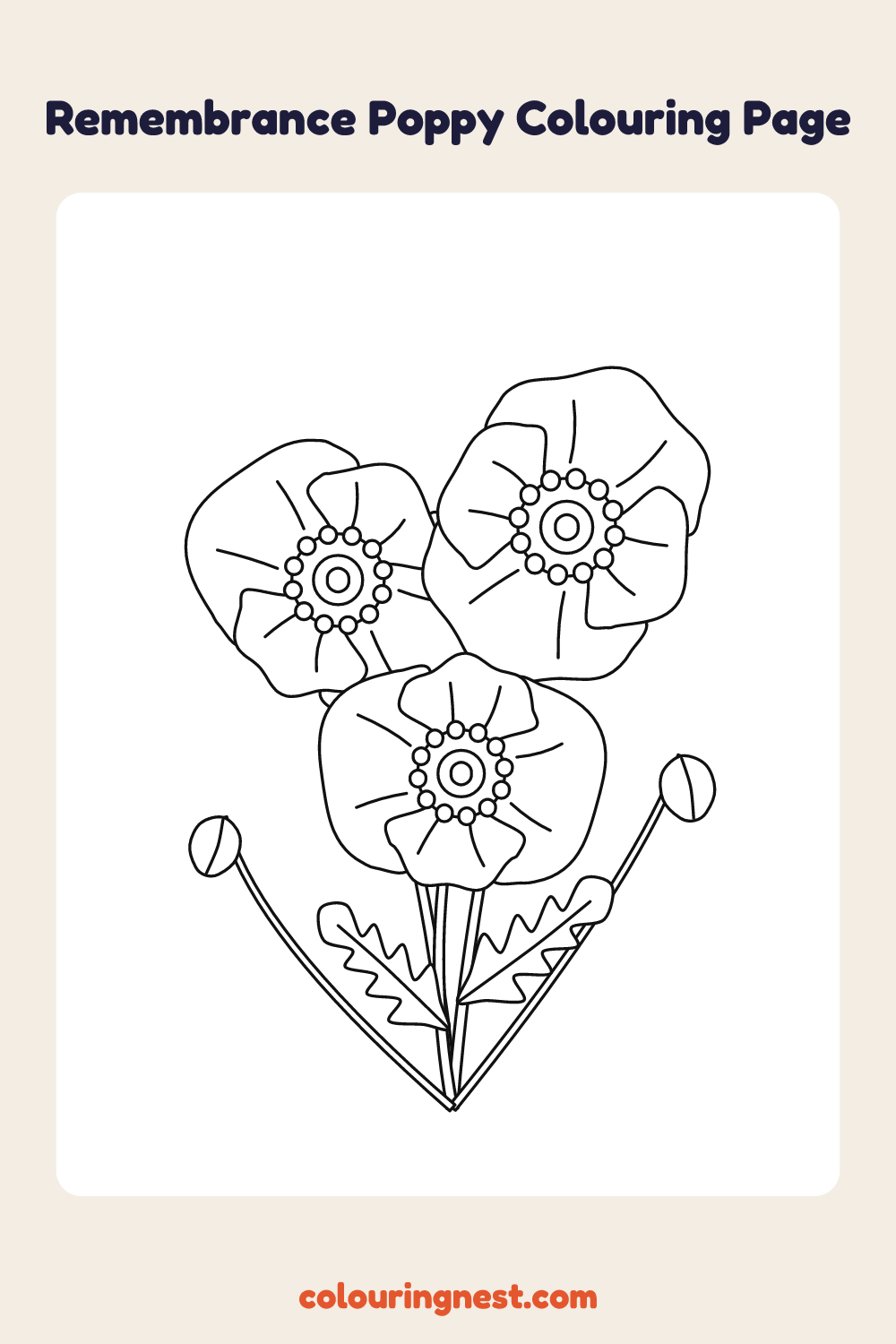 Remembrance Poppy Colouring Page (Medium) coloring page: free printable black-and-white line art