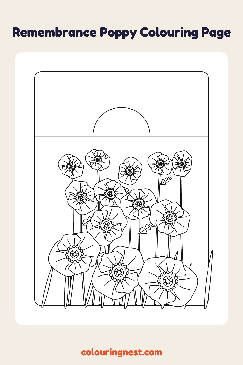 Remembrance Poppy Colouring Page (Hard) coloring page: free printable black-and-white line art