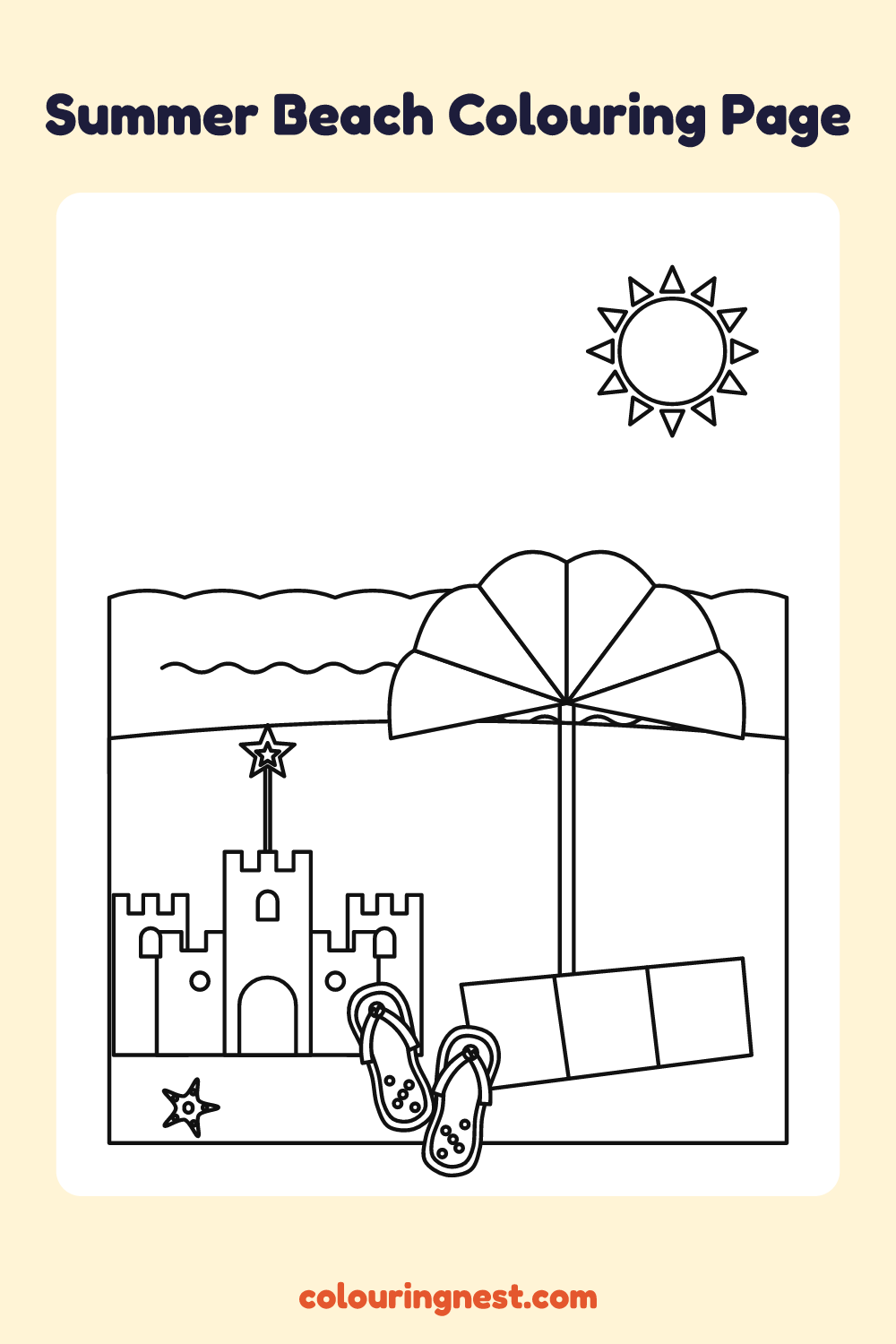 Summer Beach Colouring Page coloring page: free printable black-and-white line art