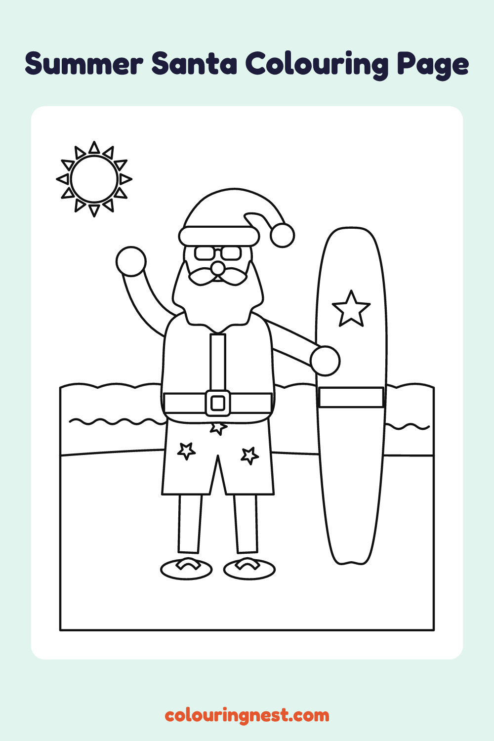 Summer Santa at the Beach Colouring Page coloring page: free printable black-and-white line art