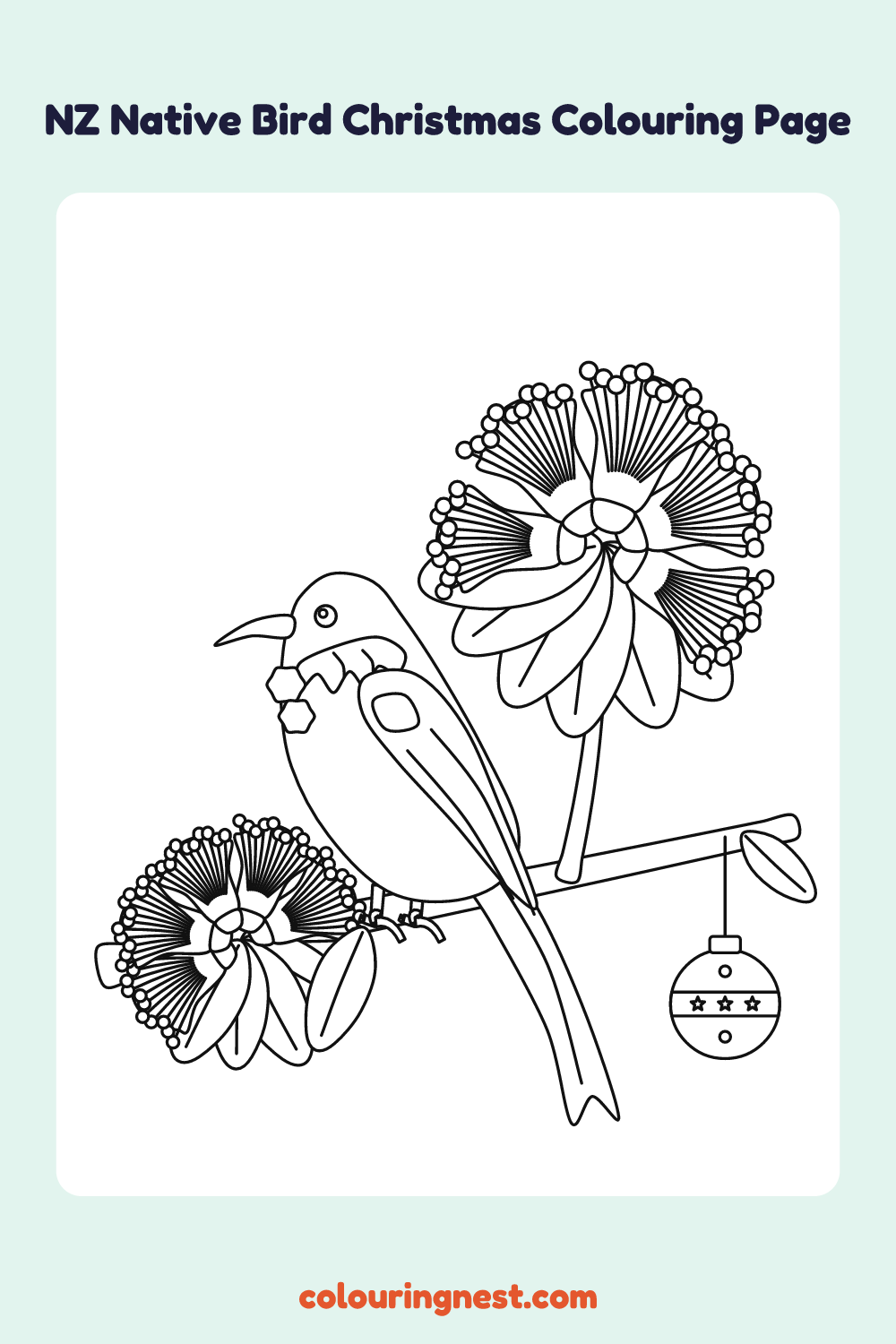 Tūī on a Pōhutukawa Colouring Page coloring page: free printable black-and-white line art