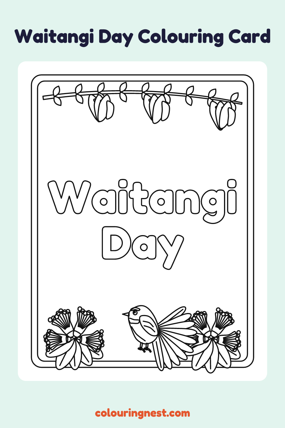 Waitangi Day Colouring Card coloring page: free printable black-and-white line art