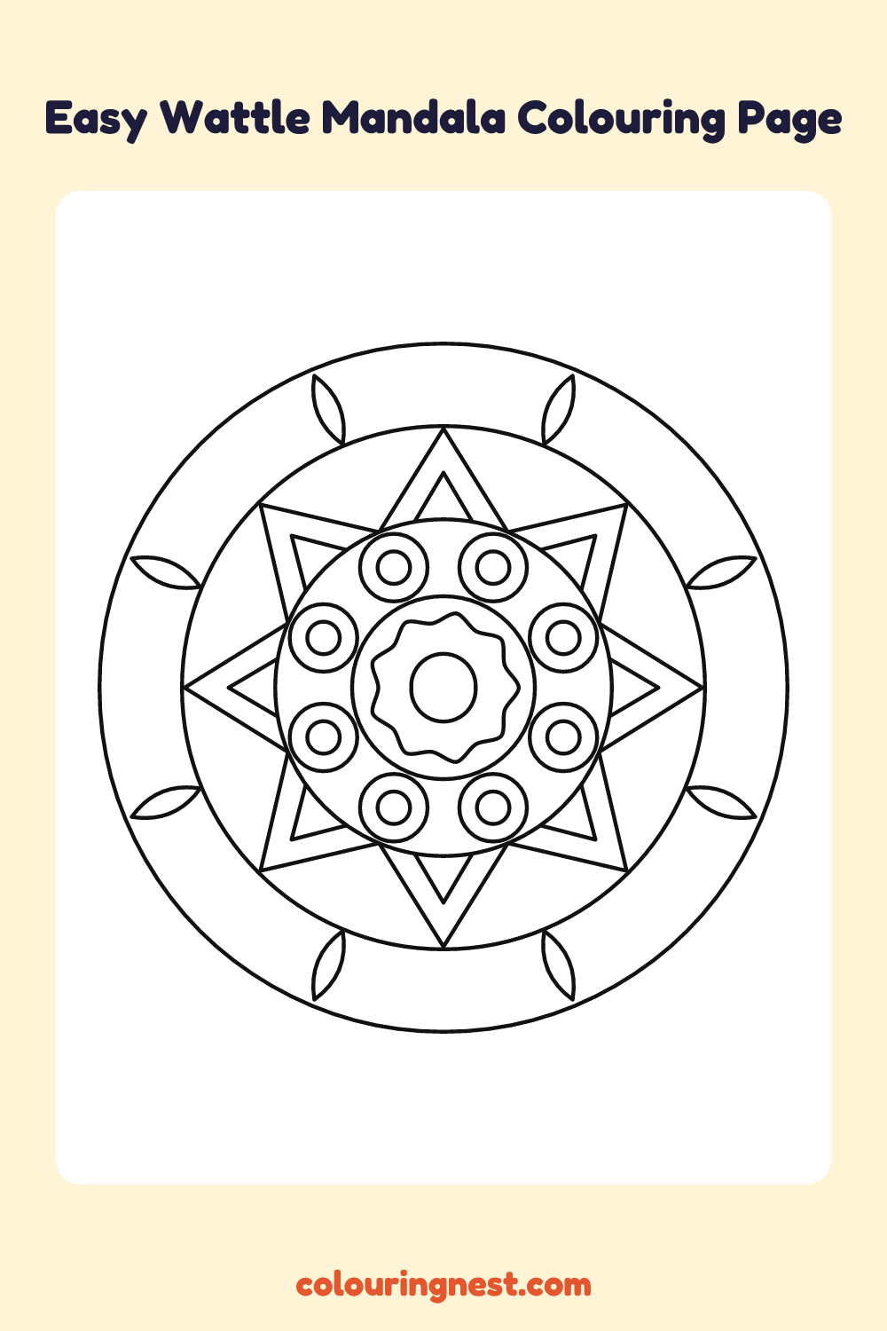 Easy Wattle Mandala Colouring Page coloring page: free printable black-and-white line art