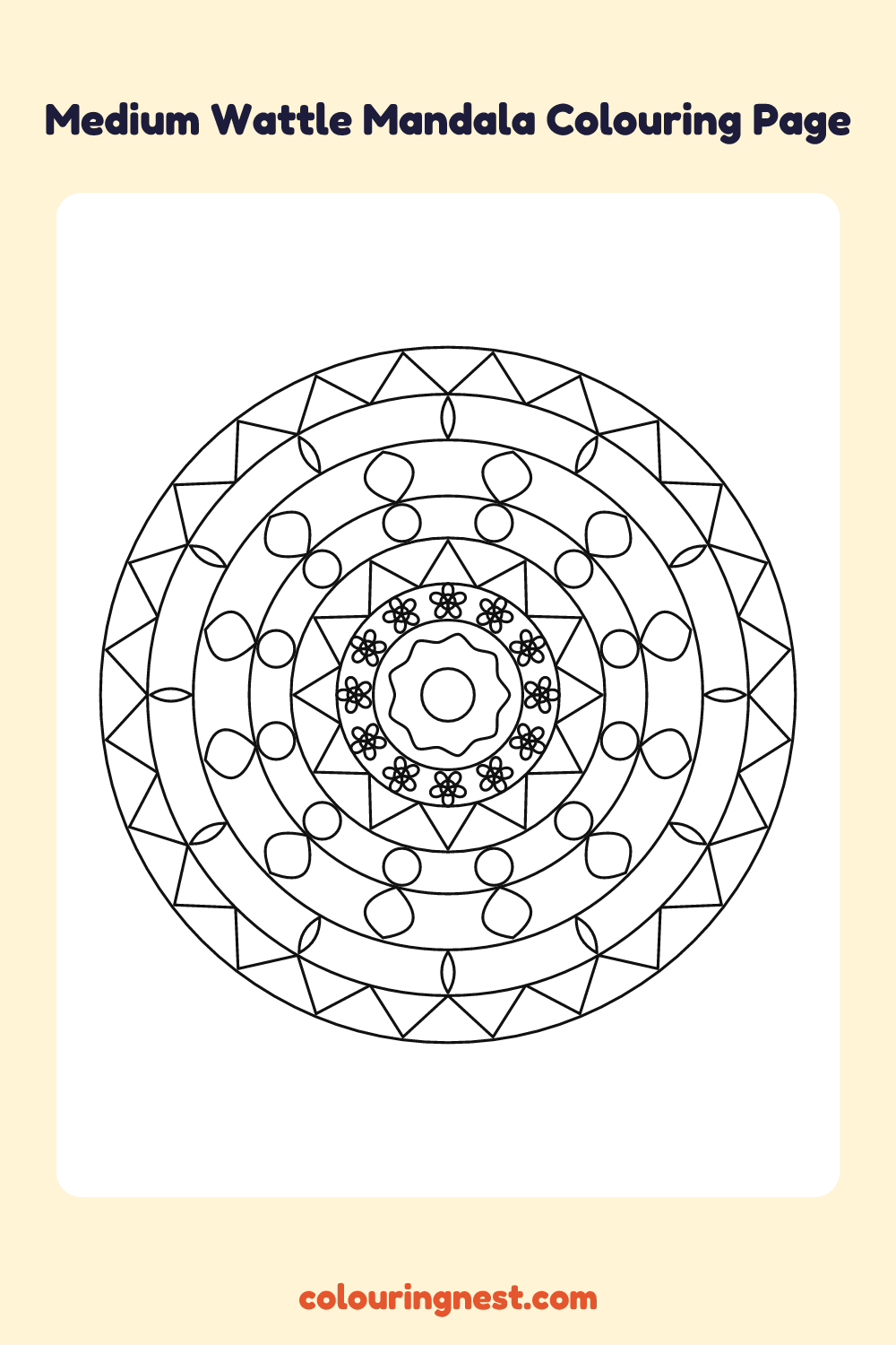 Medium Wattle Mandala Colouring Page coloring page: free printable black-and-white line art