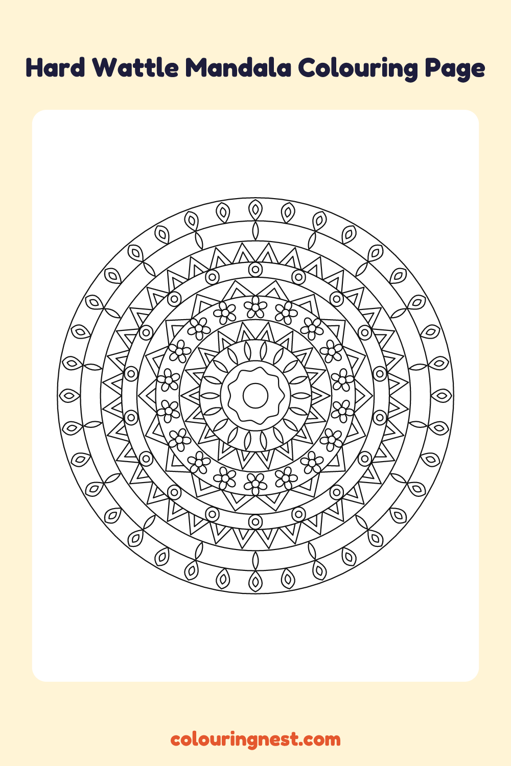 Hard Wattle Mandala Colouring Page coloring page: free printable black-and-white line art
