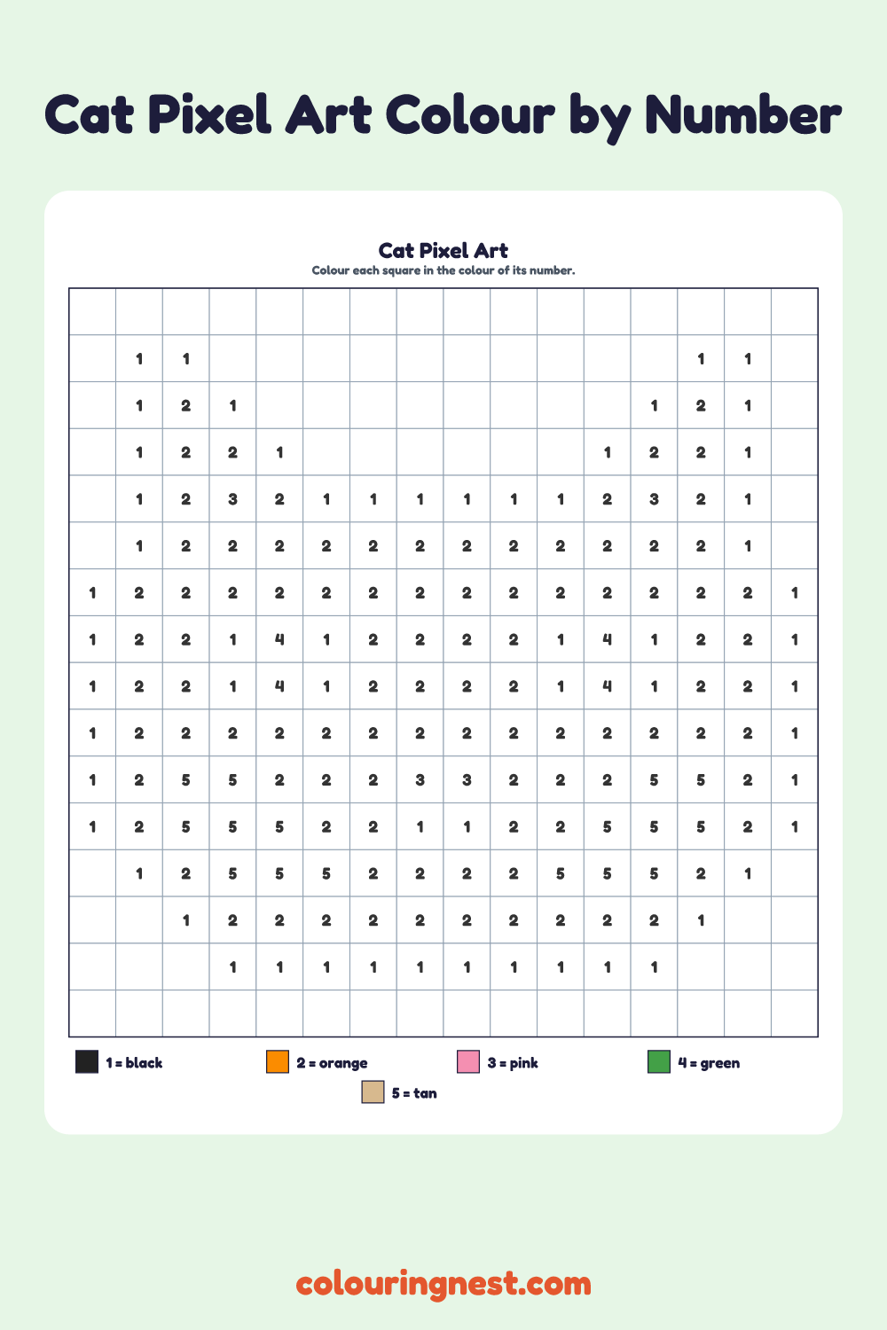 Cat pixel art colour by number on a 16 by 16 grid