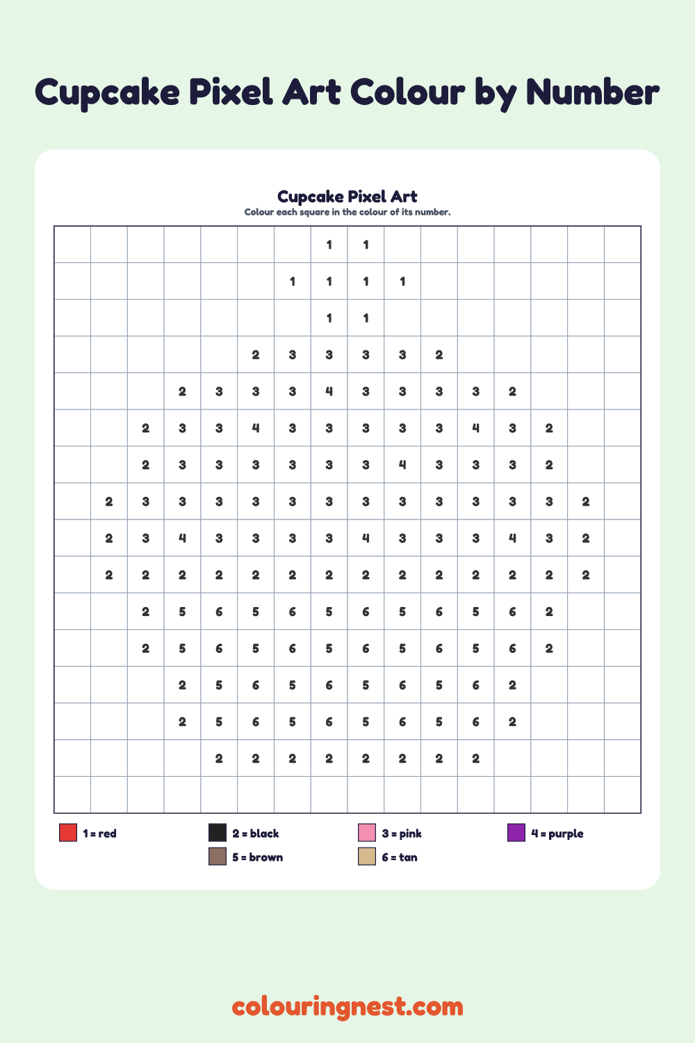 Cupcake pixel art colour by number on a 16 by 16 grid