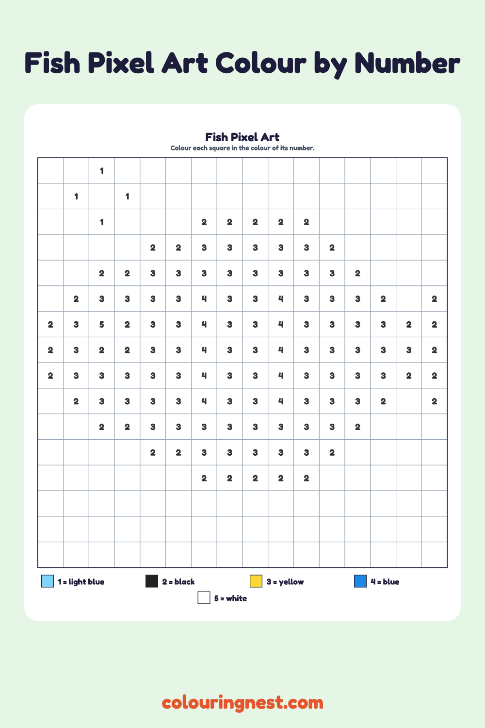 Fish pixel art colour by number on a 16 by 16 grid
