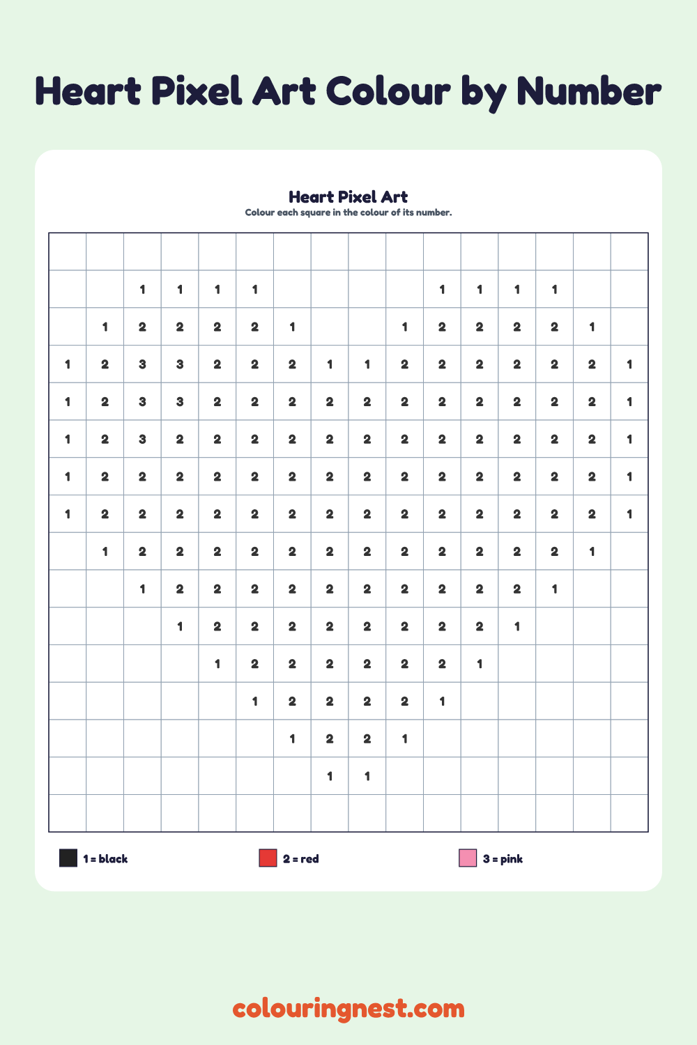 Heart pixel art colour by number on a 16 by 16 grid
