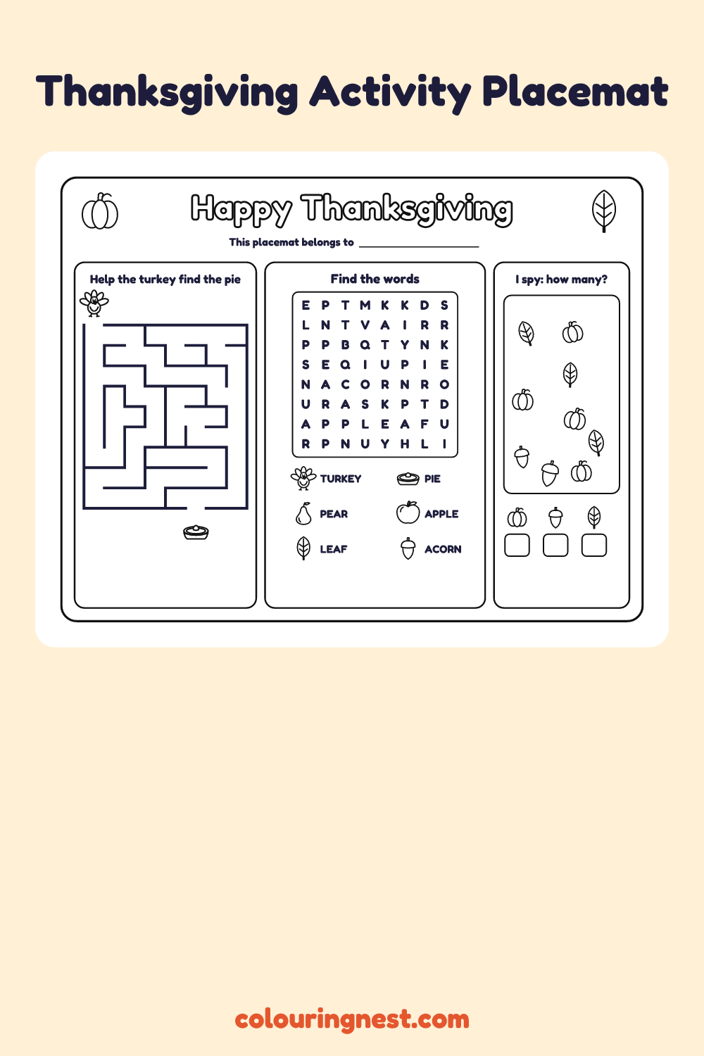 Thanksgiving Activity Placemat: printable landscape placemat for kids