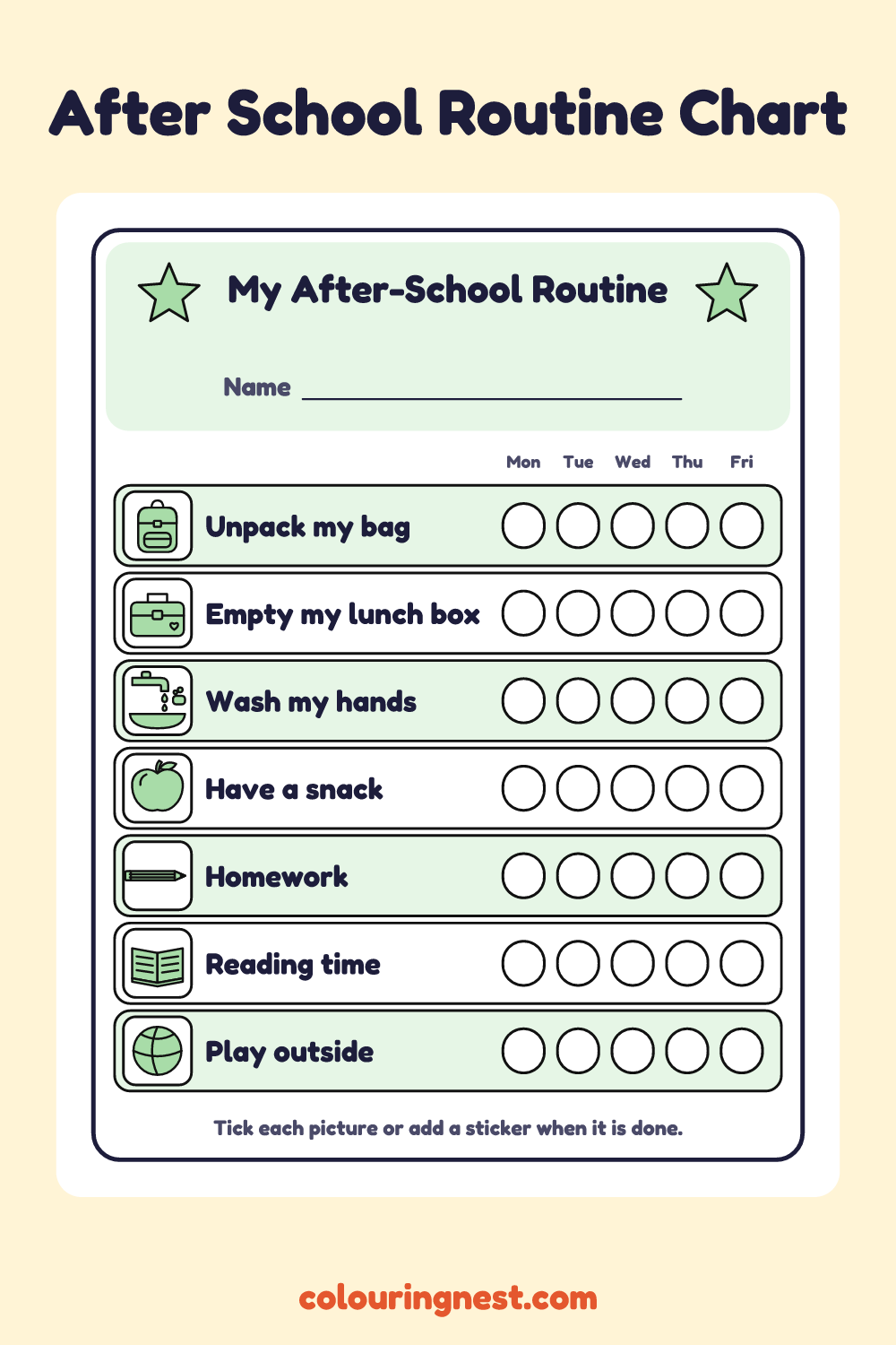 After School Routine Chart: printable chart with pictures