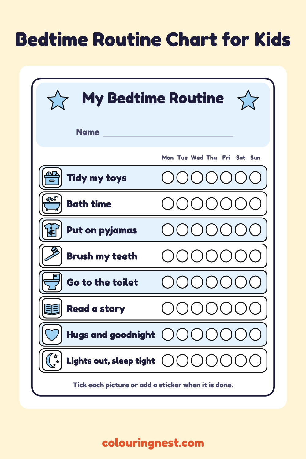 Bedtime Routine Chart for Kids: printable chart with pictures