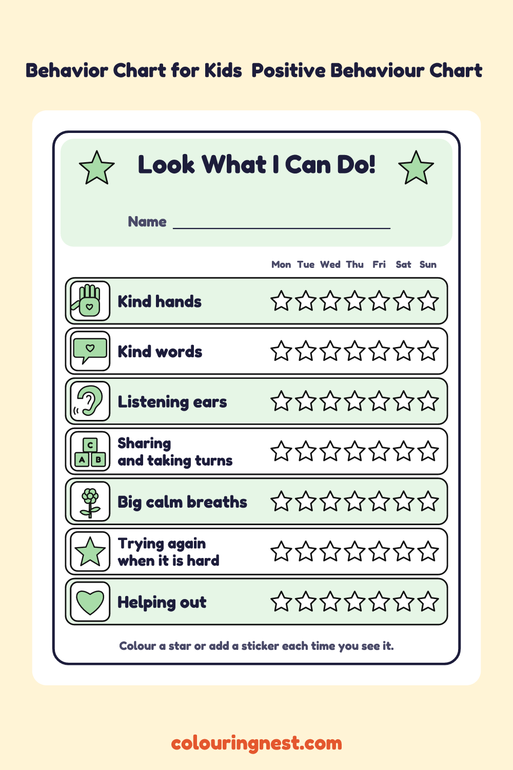 Behavior Chart for Kids (Positive Behaviour Chart): printable chart with pictures