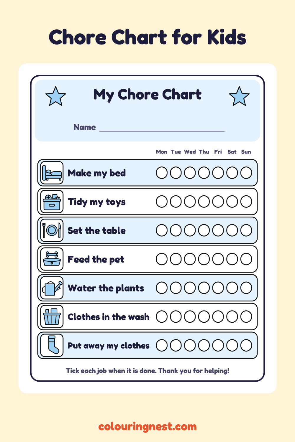 Chore Chart for Kids: printable chart with pictures