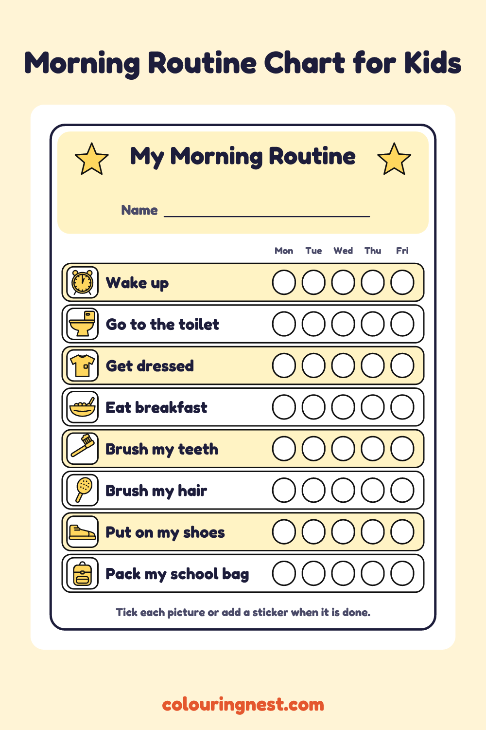 Morning Routine Chart for Kids: printable chart with pictures
