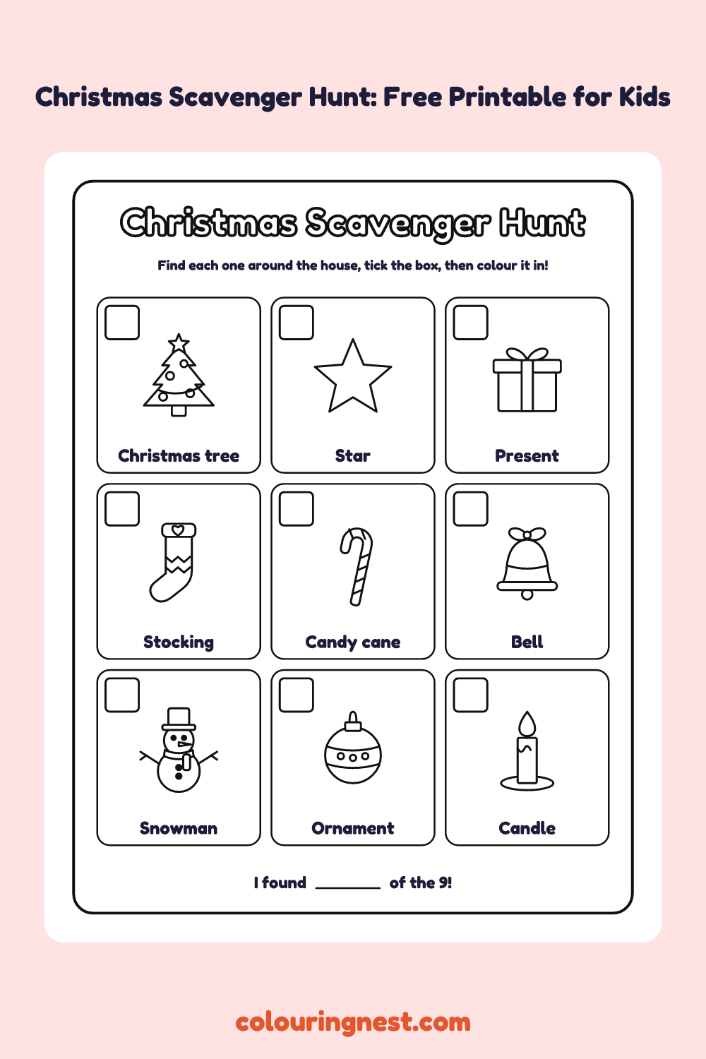 Christmas Scavenger Hunt for Preschool (9 Pictures): printable picture checklist with tick boxes, names and pictures to colour