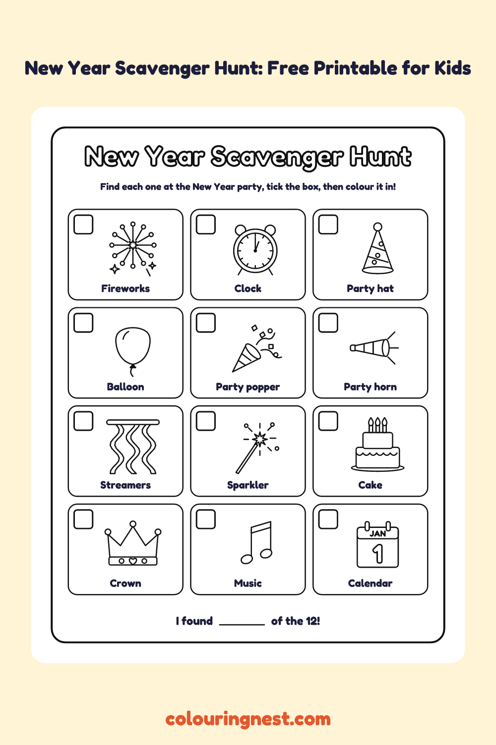 New Year Scavenger Hunt: 12 Things to Find: printable picture checklist with tick boxes, names and pictures to colour