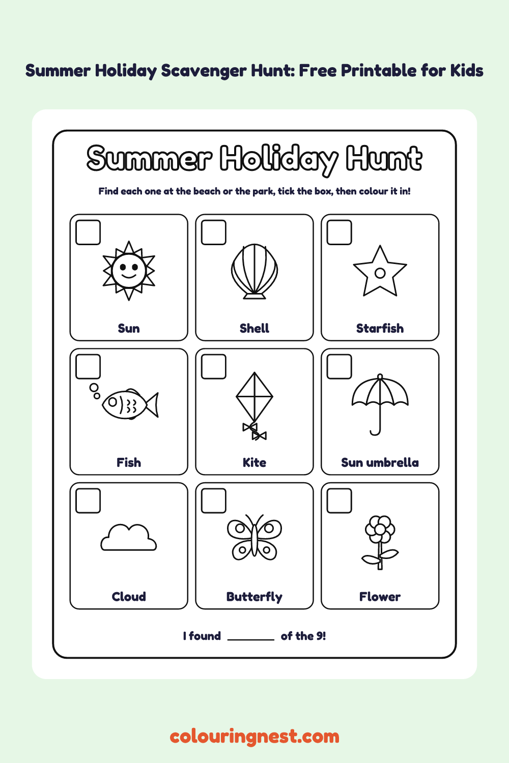 Summer Holiday Scavenger Hunt: 9 Things to Find: printable picture checklist with tick boxes, names and pictures to colour