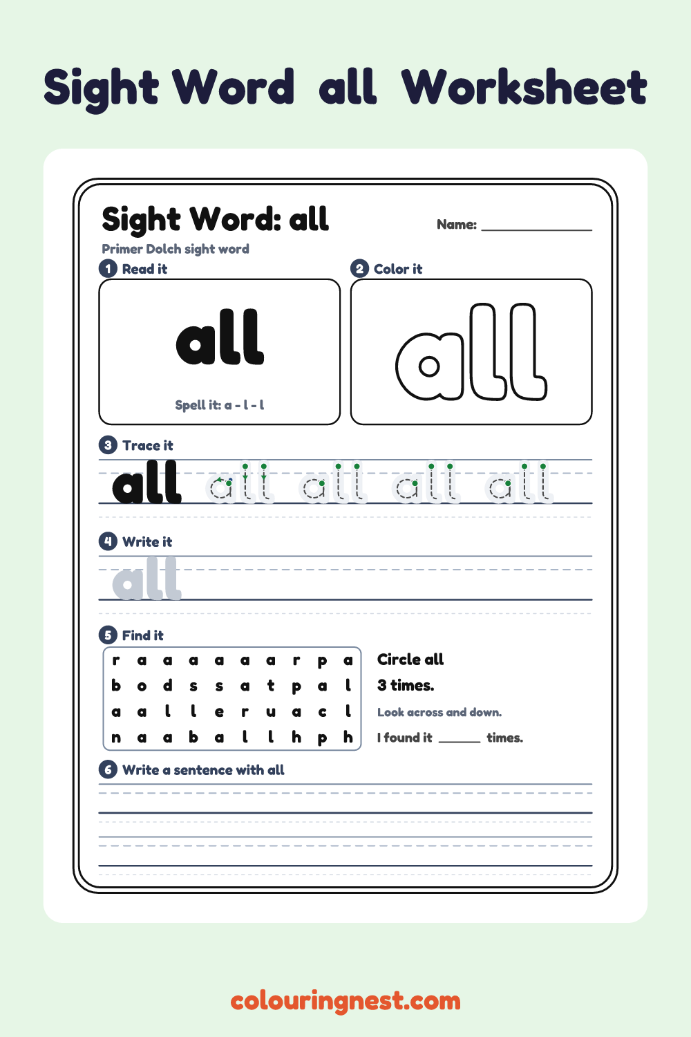 “all” sight word worksheet: read it, color it, trace it, write it, find it and use it in a sentence