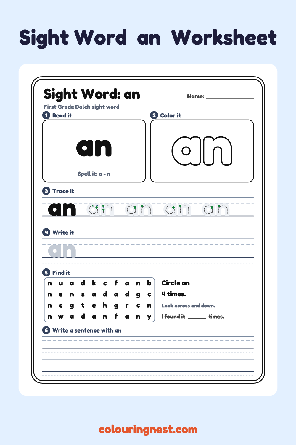 “an” sight word worksheet: read it, color it, trace it, write it, find it and use it in a sentence