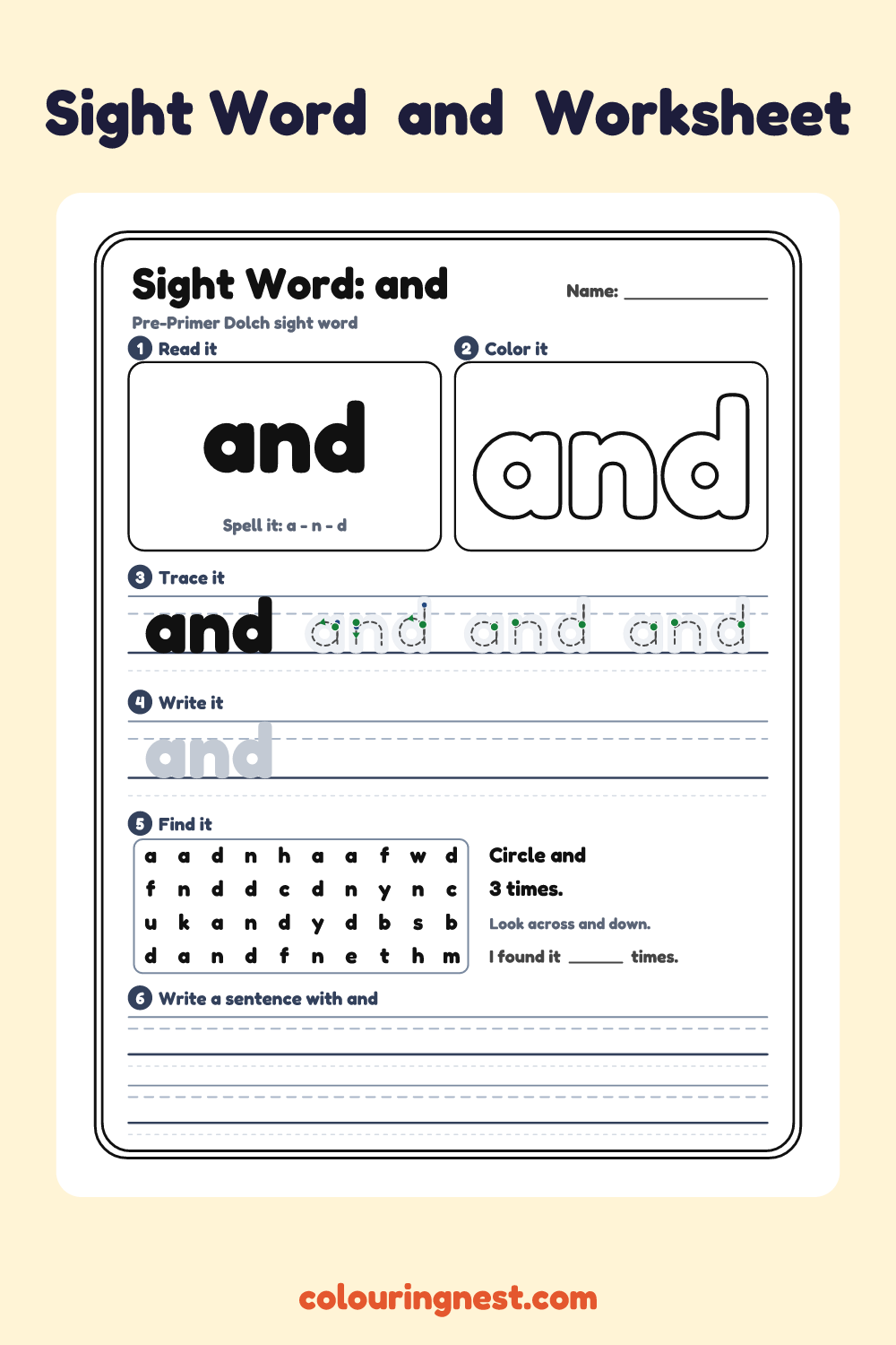 “and” sight word worksheet: read it, color it, trace it, write it, find it and use it in a sentence