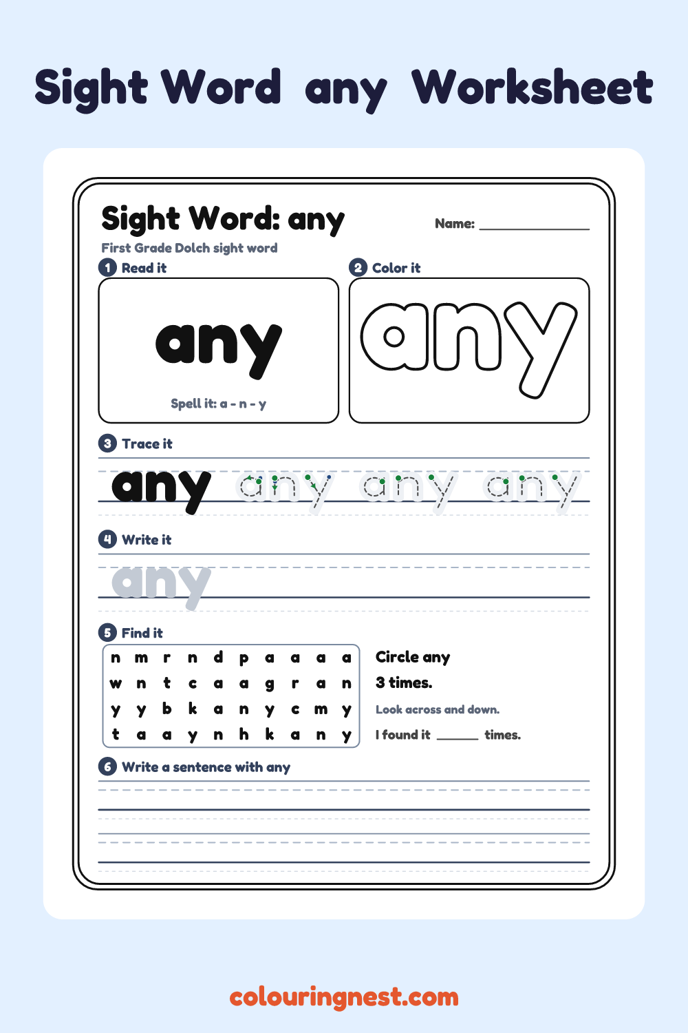 “any” sight word worksheet: read it, color it, trace it, write it, find it and use it in a sentence