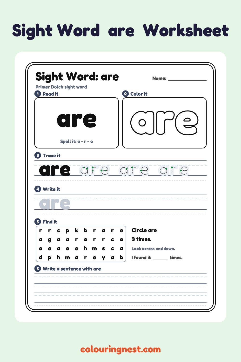 “are” sight word worksheet: read it, color it, trace it, write it, find it and use it in a sentence
