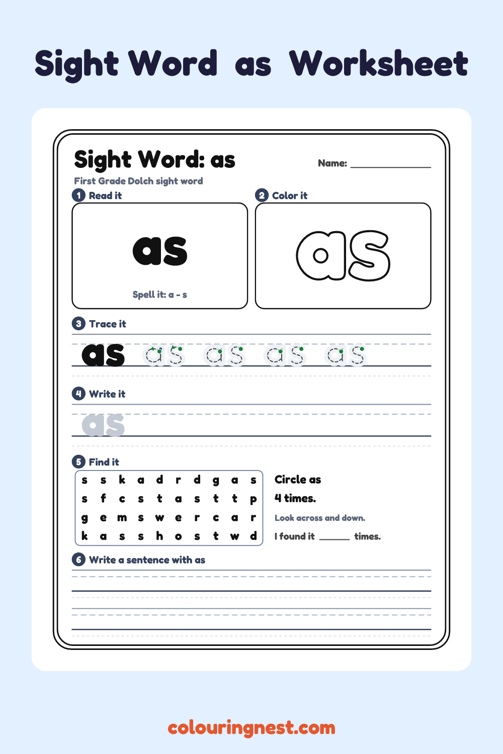 “as” sight word worksheet: read it, color it, trace it, write it, find it and use it in a sentence
