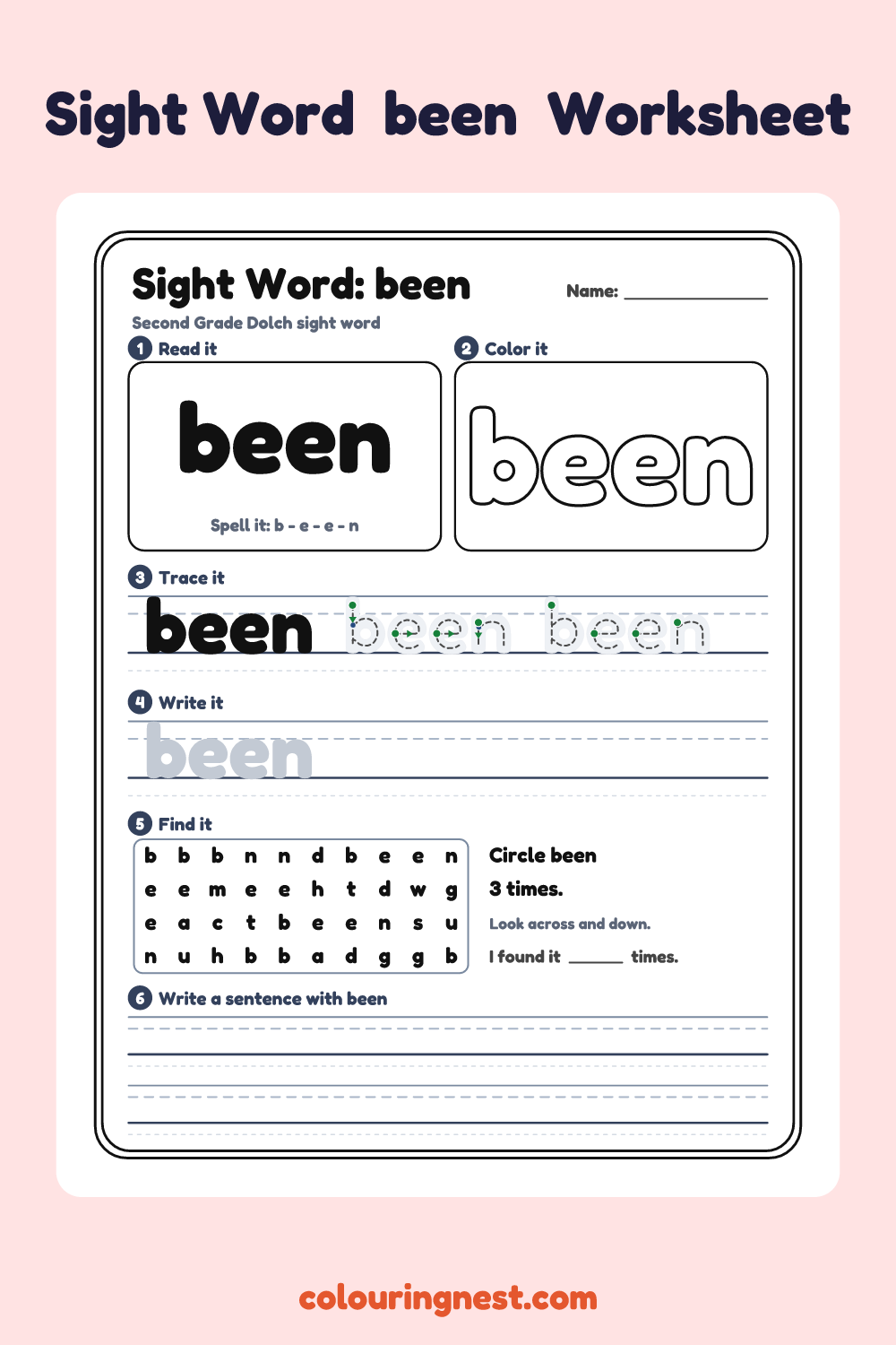 “been” sight word worksheet: read it, color it, trace it, write it, find it and use it in a sentence