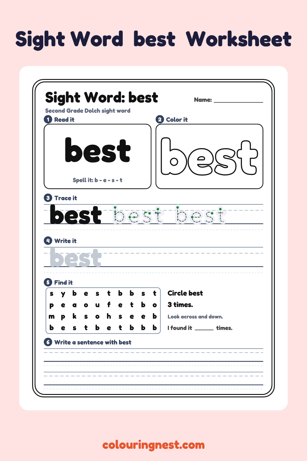 “best” sight word worksheet: read it, color it, trace it, write it, find it and use it in a sentence