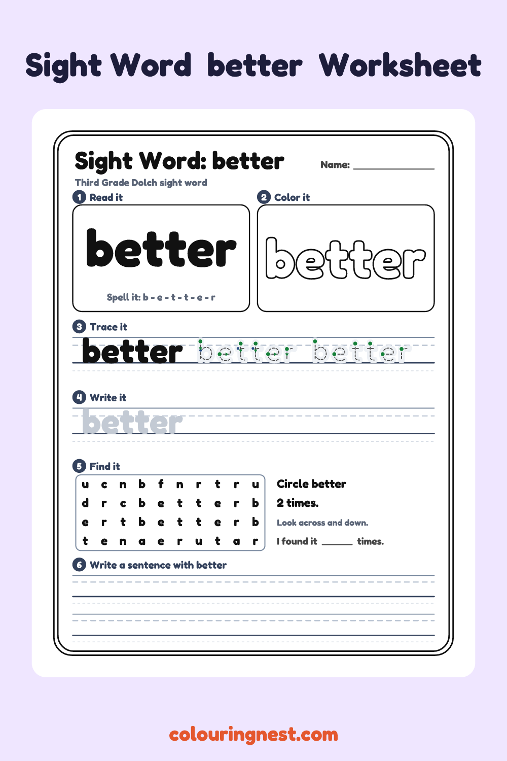 “better” sight word worksheet: read it, color it, trace it, write it, find it and use it in a sentence