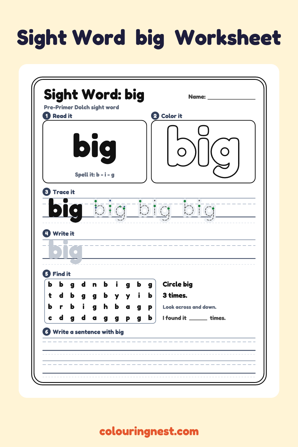 “big” sight word worksheet: read it, color it, trace it, write it, find it and use it in a sentence