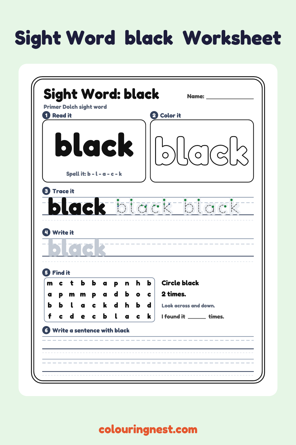 “black” sight word worksheet: read it, color it, trace it, write it, find it and use it in a sentence
