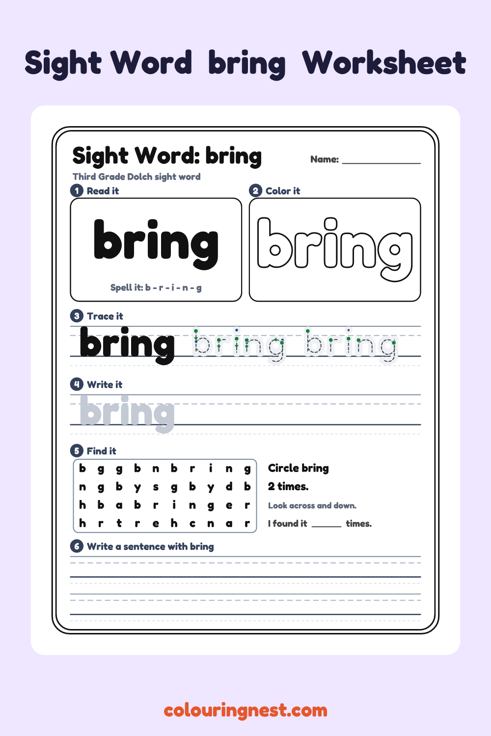 “bring” sight word worksheet: read it, color it, trace it, write it, find it and use it in a sentence